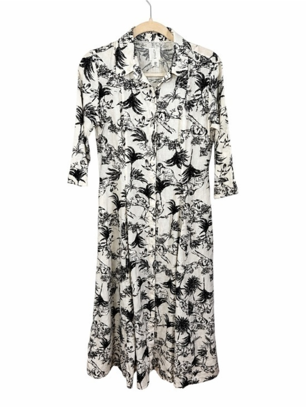 Joie Linen Blend Tropical Toile Shirt Dress XS Ivory Black Pockets Button Snap